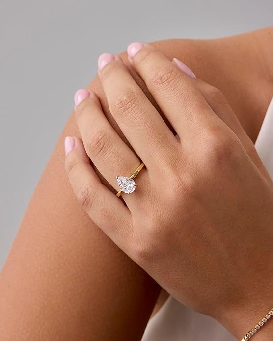 PAVOI 14K Gold Plated Simple 2.5CT Pear Cubic Zirconia Hidden Halo Eternity Ring Bridal Wedding Promise Statement - Engagement Ring for Women