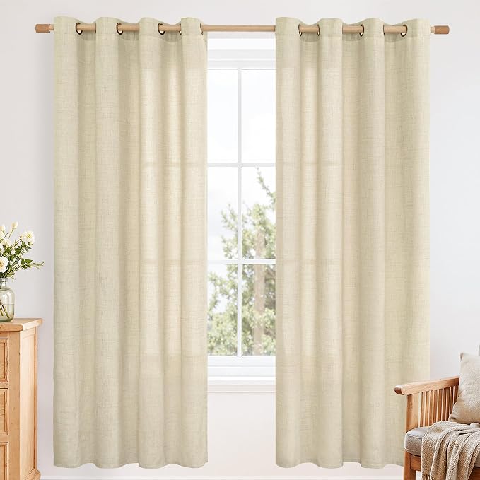 YoungsTex Linen Curtains 72 Inch Length for Living Room, Light Filtering Drapes with Grommet Semi Sheer Rustic for Bedroom Windows, Warm Beige, 2 Panels, 52 X 72 Inch
