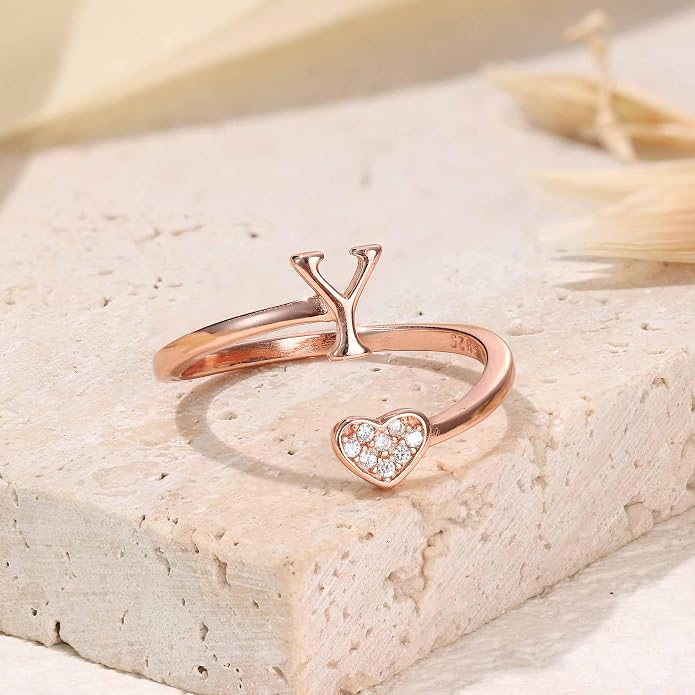 MILACOLATO 925 Sterling Silver Initial Rings for Women Teen Girl 18K Gold Plated Heart Initial Rings Adjustable Capital Letter Ring Stackable Thumb Pinky Rings for Daughter Birthday Bridesmaid Gifts Jewelry, A to Z