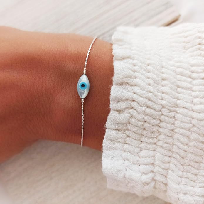 Minimalist Evil Eye Charm Bracelet – Handmade Delicate Good Luck Jewelry for Women – Adjustable 6.5” + 1” Extender