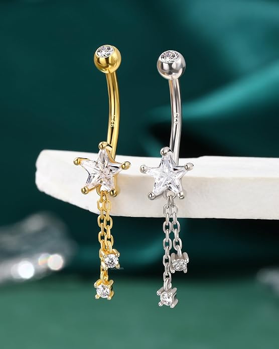 Cocharm 14K Gold Plated Belly Button Rings - 14G 925 Sterling Silver Navel Rings for Women - Dangle Belly Piercing Jewelry