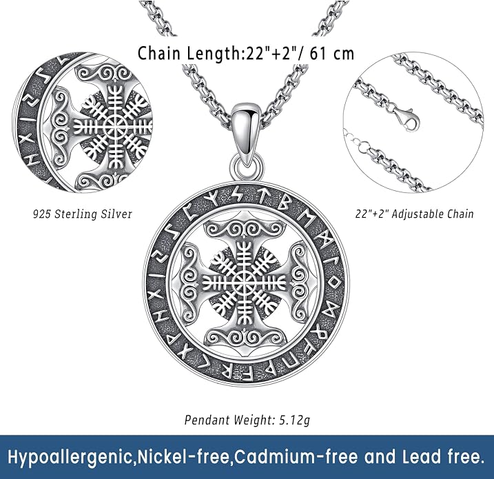 Eusense Viking Necklace for Men Women 925 Sterling Silver Pendant Thors Hammer/Norse Runes/Odin's Ravens/Wolf/Dragon/Snake/Yggdrasil/Freya/Helm of Awe/Valknut/Triskelion/Axe/Shield Viking Jewelry