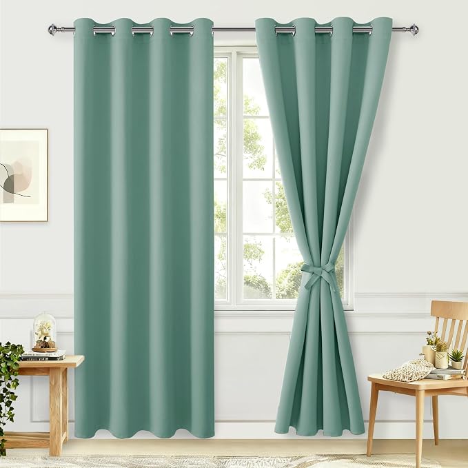 Hiasan Blackout Curtains for Bedroom, 52 x 84 Inches Long - Thermal Insulated & Light Blocking Window Curtains for Living Room, 2 Drape Panels Sewn with Tiebacks, Sage Green