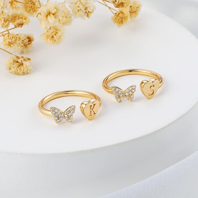 Initial Ring for Women Teens, Gold Plated Butterfly Heart Letter K Open Adjustable Ring, Dainty Alphabet Ring Jewelry Gift for Birthday