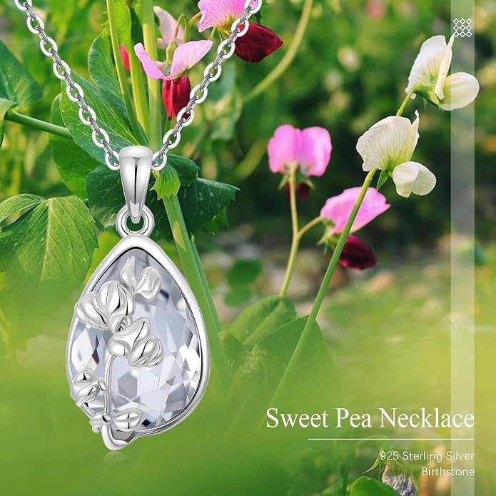 925 Sterling Silver Birth Flower Necklace with Teardrop Shaped Birthstone - 12 Colors, 12 Kinds of Flower - Ideal Birthday Jewelry Gift for Women, Mothers, Daughters & Wives