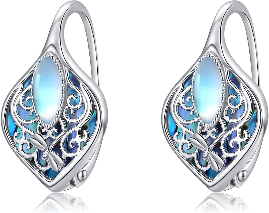 Moonstone Abalone Shell Earrings 925 Sterling Silver Dragonfly/Hummingbird/Butterfly/Lotus/Filigree Hoop Leverback Earrings Jewelry Gifts for Women