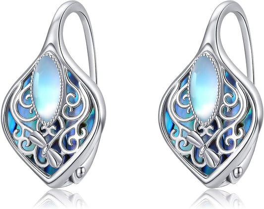 Moonstone Abalone Shell Earrings 925 Sterling Silver Dragonfly/Hummingbird/Butterfly/Lotus/Filigree Hoop Leverback Earrings Jewelry Gifts for Women