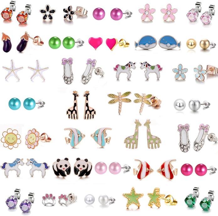 33 Pairs Stainless Steel Cartoon Earrings for Girls - Hypoallergenic Colorful Stud Earing Set, Mix & Match Cute Earring for Teens, Kids, Doll Dressup Accessories