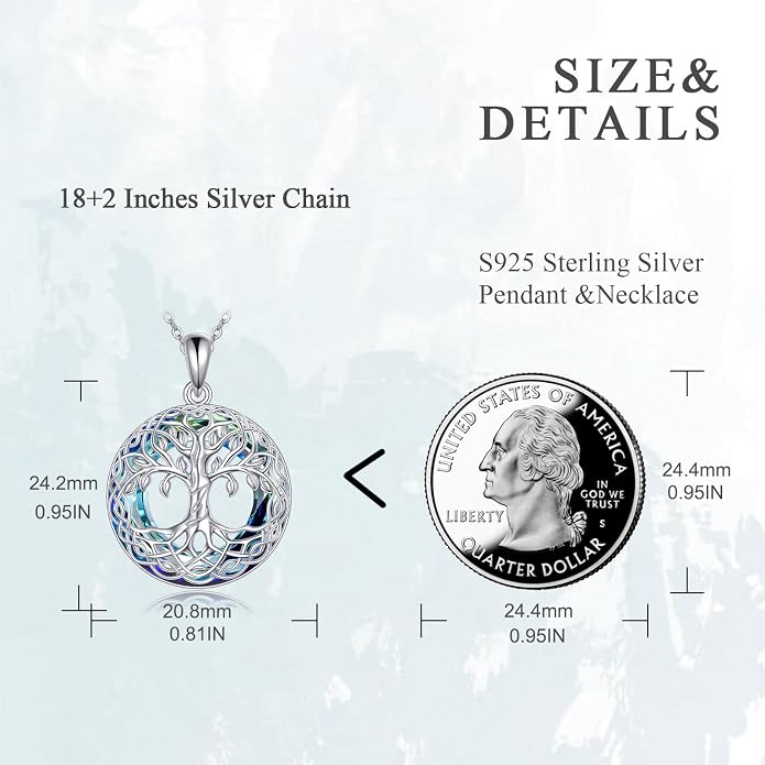 VONALA Tree of Life Necklace 925 Sterling Silver Abalone/Crystal Celtic Knot Family Tree Filigree Pendant Necklace Tree Jewelry Gift Women