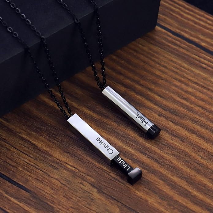 Personalized Bar Necklace with Hidden Message, Stainless Steel Rectangular Pendant, 21.65 Inches Chain, Customizable Engraving