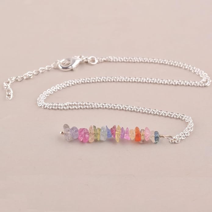 Natural Raw Multi Sapphire Stone Rough Crystal Gemstone Dainty Women Pendant Necklace, Chakra Healing Crystals, Birthstone, Gift, 925 Sterling Silver Chain 18 inch (multi-sapphire)