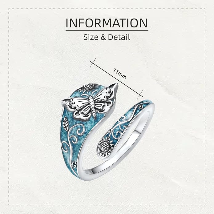 SNOWELLE Turquoise Spoon Rings S925 Sterling Silver Turquoise Adjustable Ring Jewelry Gift for Women Men