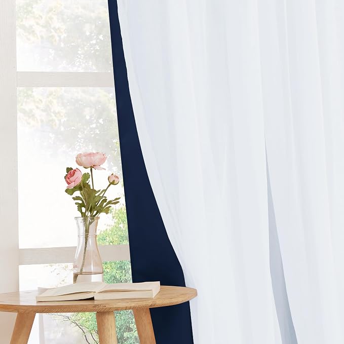 PONY DANCE Navy Blue Double Layered Curtains with Sheer Overlay - Blackout Window Panels Set for Living Room Bedroom, 52 W x 84 L, Set of 2
