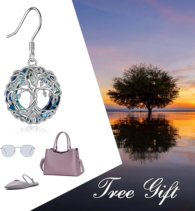 POPLYKE Celtic Tree of Life Earrings for Women Sterling Silver Family Tree Abalone Shell/Volcano Crystal Dangle Earrings Jewelry