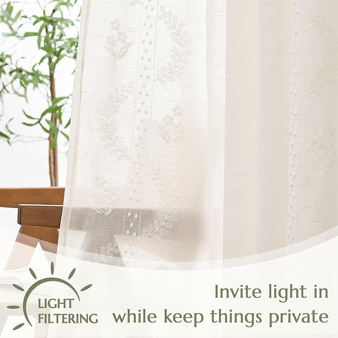 jinchan Floral Linen Curtains 84 Inch Farmhouse Back Tab 2 Panels White | Embroidered curtains,boho curtains,living room,bedroom,light filtering,privacy,flower patterned drapes,window treatment