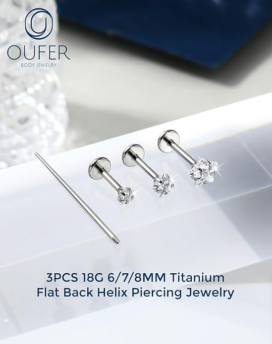 OUFER 18G 6/7/8MM Flat Back Cartilage EarRings-3PCS Gold Titanium Extended Internally Threaded Lip Piercing 2/3/4MM Round Clear CZ Helix Piercing Jewelry