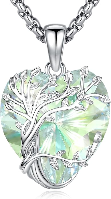 Eusense Tree of Life Necklace for Women White Gold Plated Copper Moonstone/Turquoise/Black Onyx/Crystal Birthstone Pendant Jewelry Gifts for Women Men