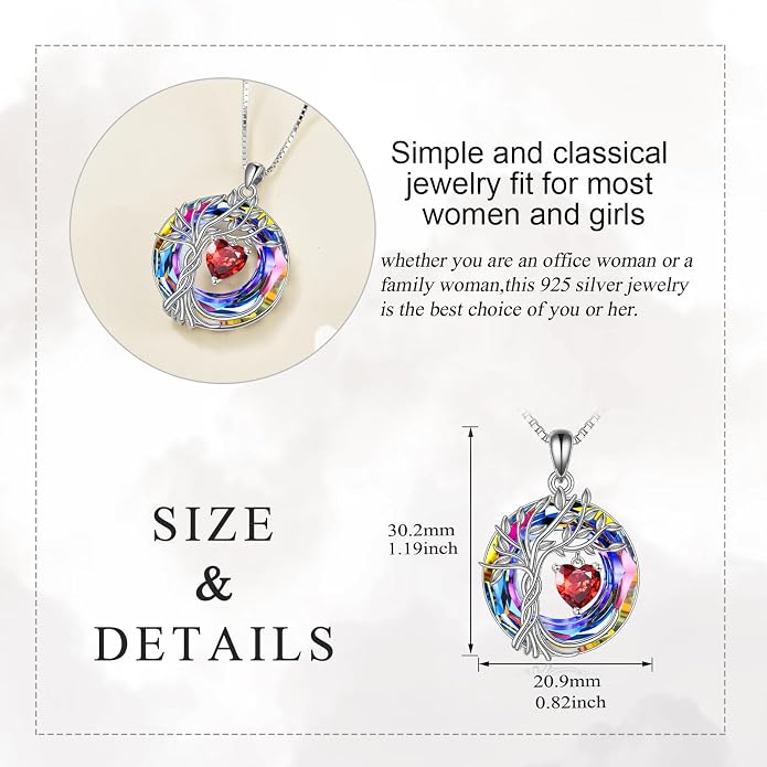 POPLYKE Mothers Day Gifts for Mom Her Wife Tree of Life Necklace 925 Sterling Silver Birthstone Pendant with Crystal Anniversary Birthday Wedding Jewelry for Women