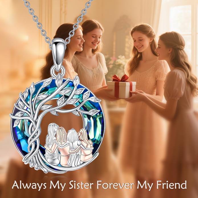 Sisters Necklace Sterling Silver Always My Sister Forever My Friend Jewelry Tree of Life Palm Trees Necklace for Women Female Friendship Jewelry