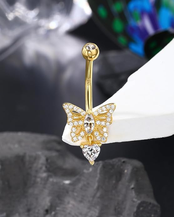 14K Gold Plated Belly Button Rings - 925 Sterling Silver Navel Rings for Women - 14G Belly Piercing Jewelry