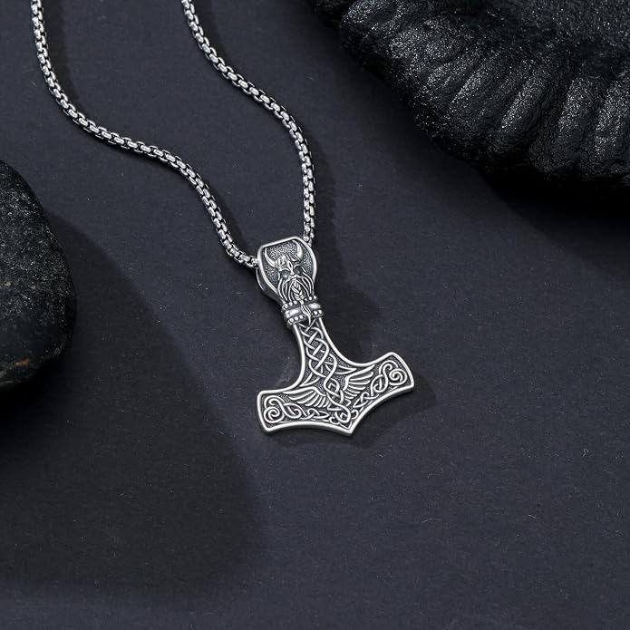 PROESS Thors Hammer Necklace Sterling Silver Celtic Knot Wolf/Lion/Raven Necklace Viking Mjolnir Pendant Jewelry for Men