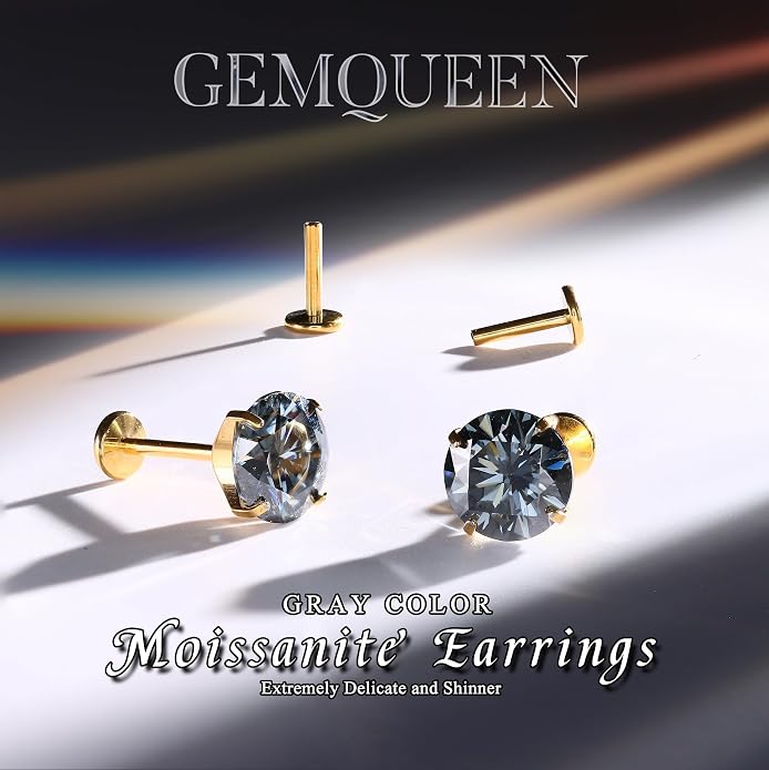 GEMQUEEN Moissanite Earrings G23 Titanium Extended Internal Thread Flat Back Earrings Hypoallergenic Tragus Cartilage Helix Conch Piercing Jewelry for Women Men 18G 6/8mm Post Gray/D Color 0.2-3CT
