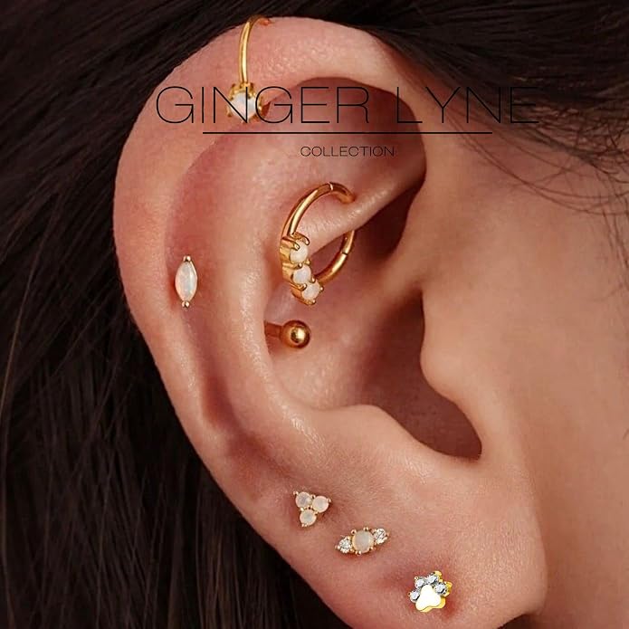 Paw Print Threaded Flat Back Earrings Set by Ginger Lyne – 14K Gold over Sterling Silver – CZ Body Jewelry – Cartilage Helix Lobe Tragus Studs or Nose Piercing – 2 Piece Set