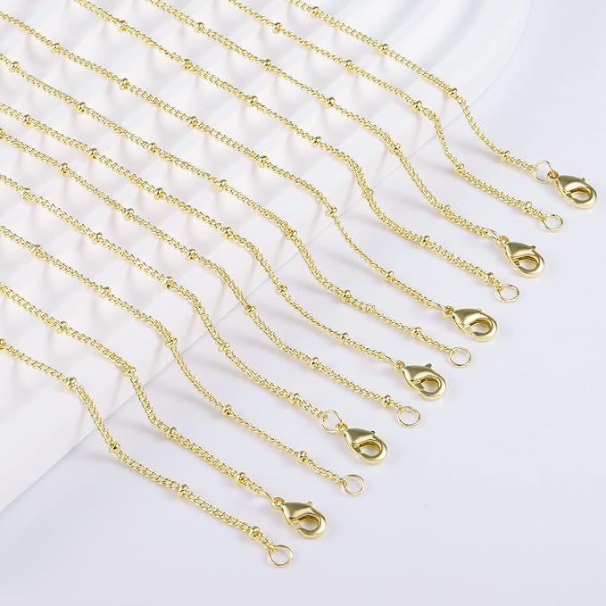12PCS Gold Plated Solid Brass Chians Satellite Beaded Ball Curb Thin Chain Necklace Bulk for Jewelry Making (20 Inch(1.5mm))
