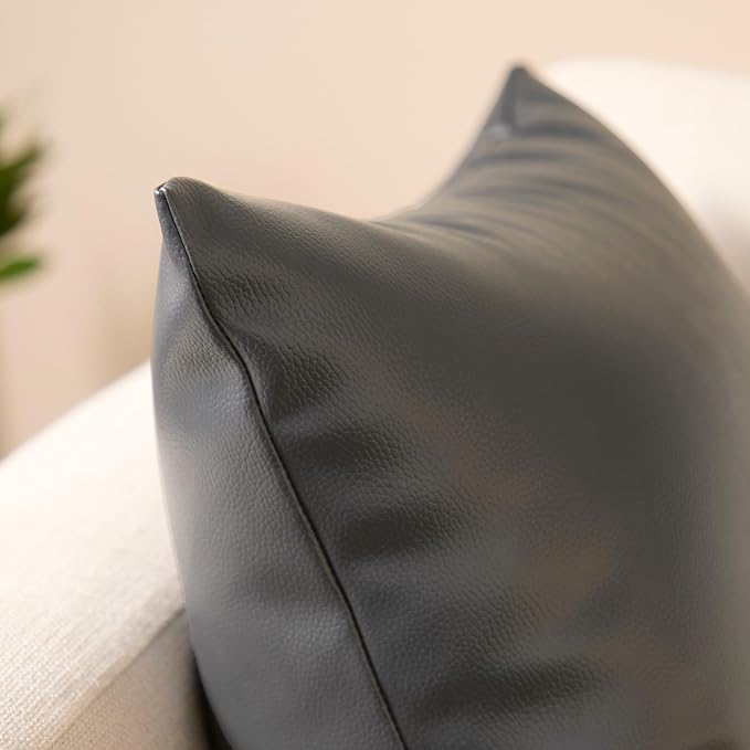 Encasa XO Faux Leather Throw Pillows Covers 18"x18" (Set of 2) | Dark Grey Decorative Cushion Covers | Modern Farmhouse Pillow Cases for Outdoor, Living Room, Bedroom, Couch, Sofa