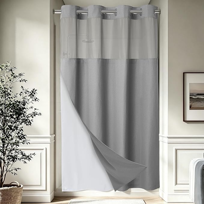 EUTXL Heavyweight Stall No Hook Shower Curtain with Snap in Liner,256GSM Waffle Weave Shower Curtains for Bathroom,54W x 74H,Grey