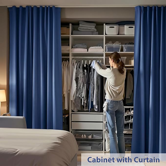 Room Divider Ceiling Mounted Curtains Track Sets Extra Wide Blackout Curtain Flexible Tracks for Bedroom Office Privacy Partition Separator, Navy, W 15 x H 8ft