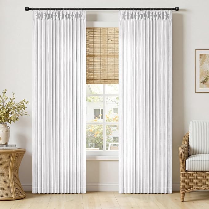 MIULEE Pinch Pleated White Thick Linen Curtains 90 Inches Long 2 Panels, Linen Texture Memory Trained Drapes for Living Room Bedroom, Pinch Pleat Back Tab Light Filtering Farmhouse Window Curtains