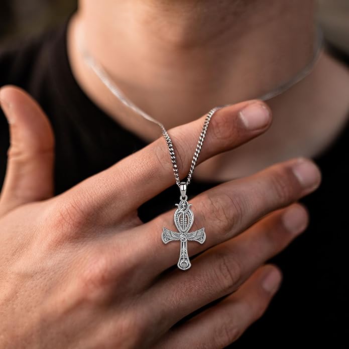 INFUSEU Mythology Pendant Necklaces for Men, Viking Norse Mjolnir Egyptian Anubis Ankh, 22-24 Inch Chain