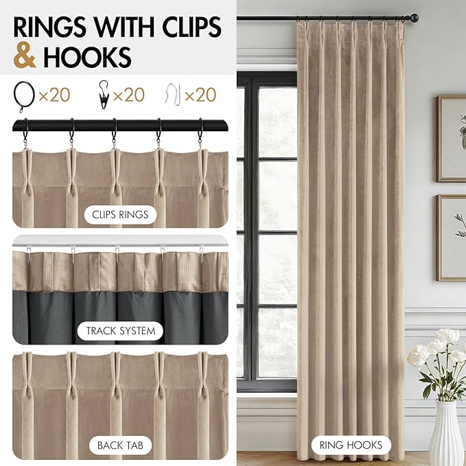 MIULEE Camel Beige Velvet Curtains 90 inches Long, Pinch Pleated Blackout Drapes with Hooks, Thermal Insulated Pinch Pleat Panels for Bedroom Living Room, 2 Panels