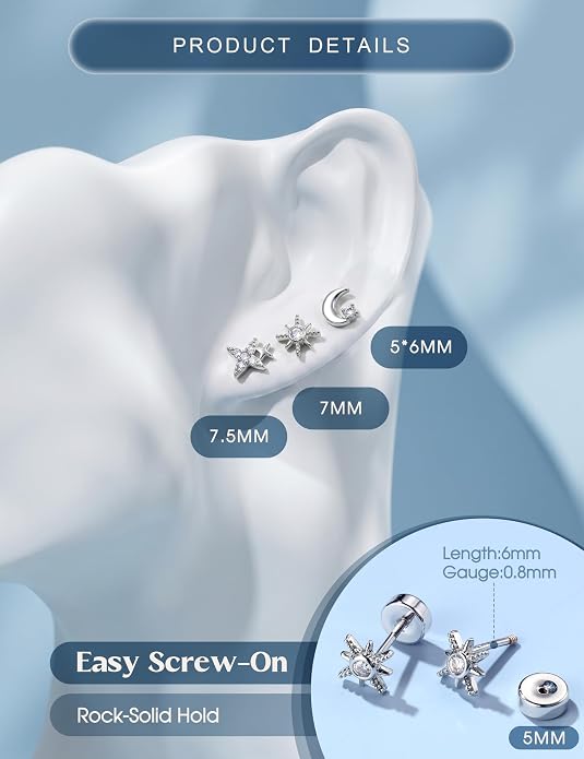 ORAZIO 925 Sterling Silver Flat Back Stud Earrings for Women Hypoallergenic 14K Gold Plated Cartilage Earrings for Sensitive Ears Small CZ Opal Conch Helix Tragus Piercing Jewelry 3 Pairs 20G