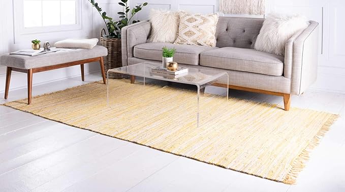 Unique Loom Chindi Cotton Collection Soft Hand Woven Natural Fiber Striped Area Rug, 8 ft x 10 ft, Yellow/Ivory