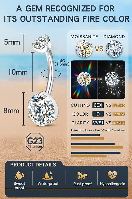 VOJO Moissanite Belly Button Ring, Titanium Navel Piercing Bar with Internally Threaded Barbell for Women