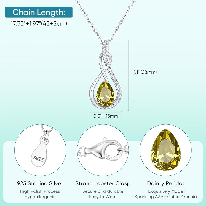 Birthstone Necklaces for Women Mothers - 925 Sterling Silver Dainty Infinity Cubic Zirconia Pendant Necklace Anniversary Birthday Christmas Gifts for Her Wife Mom Lady Daughter, Adjustable Chain