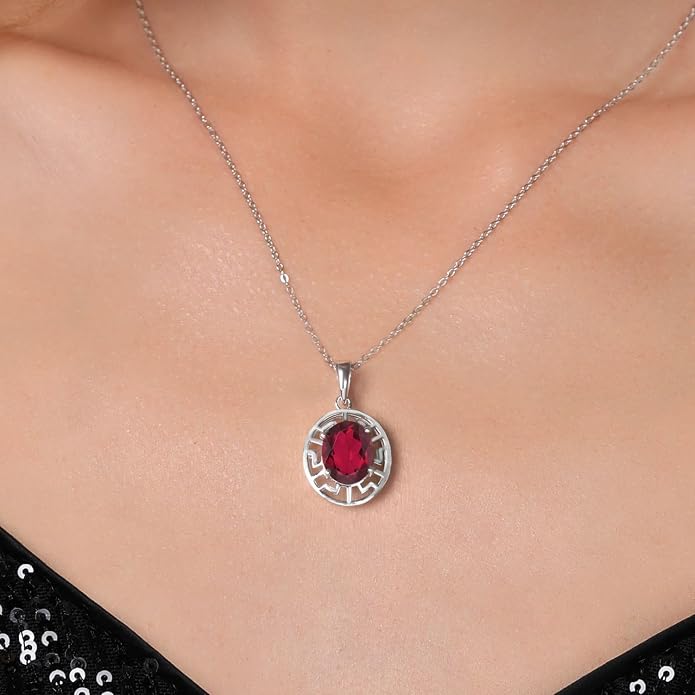 Gem Stone King 925 Sterling Silver 10X8MM Oval Gemstone Birthstone Necklace | Greek Key Pendant Necklace for Women | With 18 Inch Silver Chain