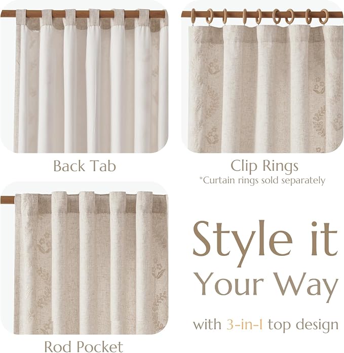 jinchan Floral Lined Linen Curtains 84 Inch Back Tab 2 Panels Ivory | Embroidered curtains,privacy lining,boho curtains,light filtering,living room,bedroom,flower patterned,window treatment