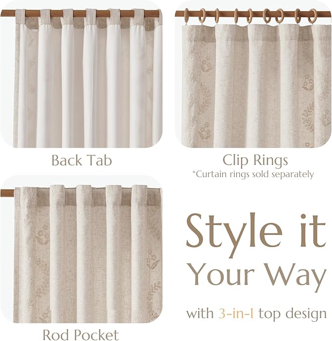 jinchan Floral Lined Linen Curtains 96 Inch Rod Pocket 2 Panels Ivory | Embroidered curtains,privacy lining,boho curtains,light filtering,living room,bedroom,flower patterned,window treatment