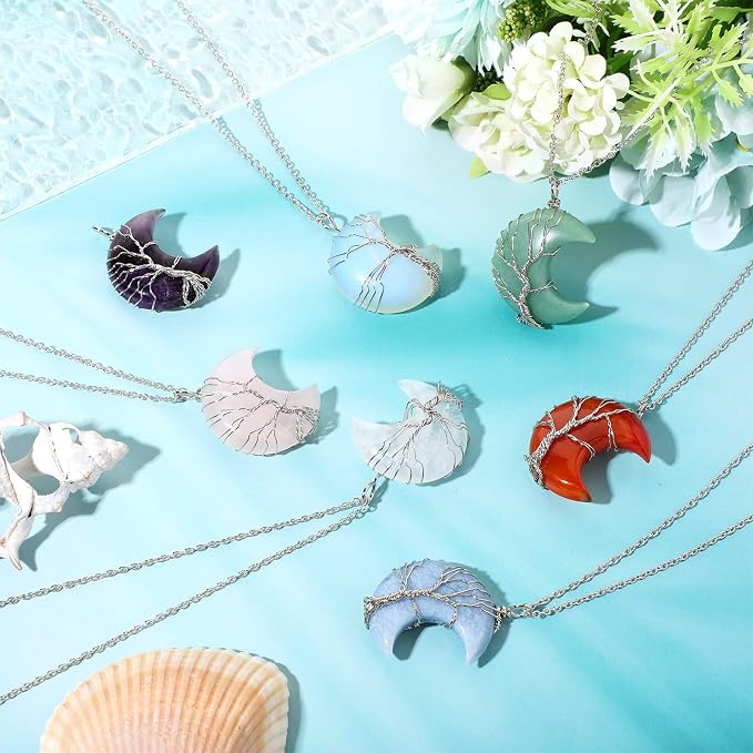 Sherr 15 Pcs Life Tree Crescent Moon Necklace Wire Wrap Natural Gemstones Pendant Healing Crystal Necklaces Reiki Spiritual Multicolored Jewelry Gift for Women