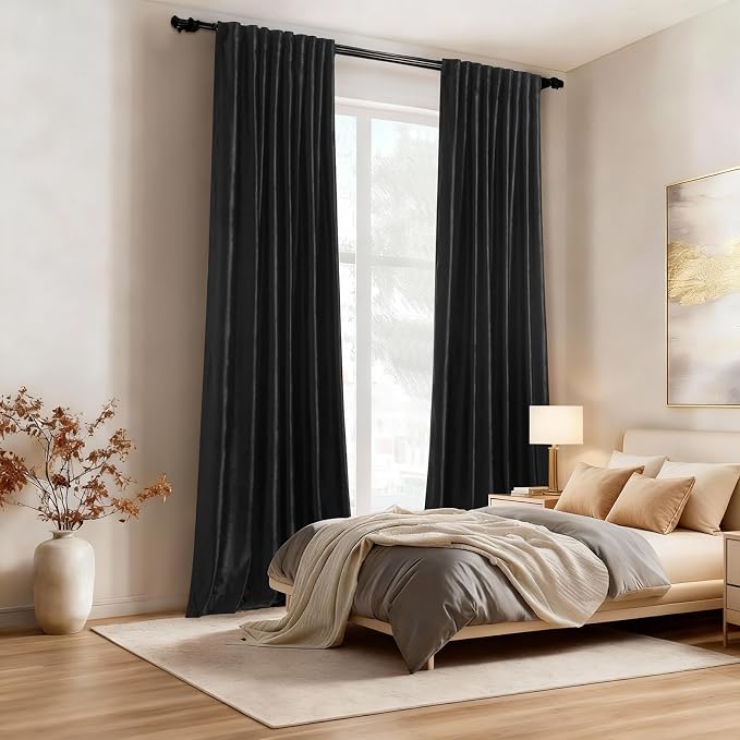 Black Blackout Velvet Curtains 72 inch for Living Room,Full Blackout Elegant 2 Panels Back Tab Thermal Insulated Room Darkening Liner Curtain Heavy Noice Reducing Soundproof Window Drapes for Bedroom