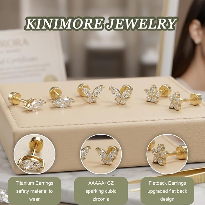 3 Pairs 20G Flat Back Earrings, G23 Titanium Hypoallergenic CZ Studs, 14K Gold Cartilage Helix Tragus Conch Piercing Jewelry for Women