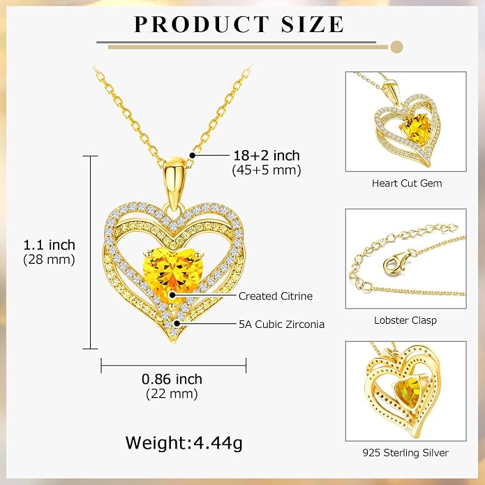 Anniversary Charm Necklace, Sterling Silver 14K Gold Plated Chain with Interlocking Heart Pendant Elegant Birthstone Necklaces for Women, Length 18"