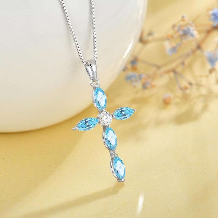 JO WISDOM Cross Necklace for Women,925 Sterling Silver Birthstone Necklaces Cubic Zirconia Cross Pendant Necklace Dainty Jewelry Gifts