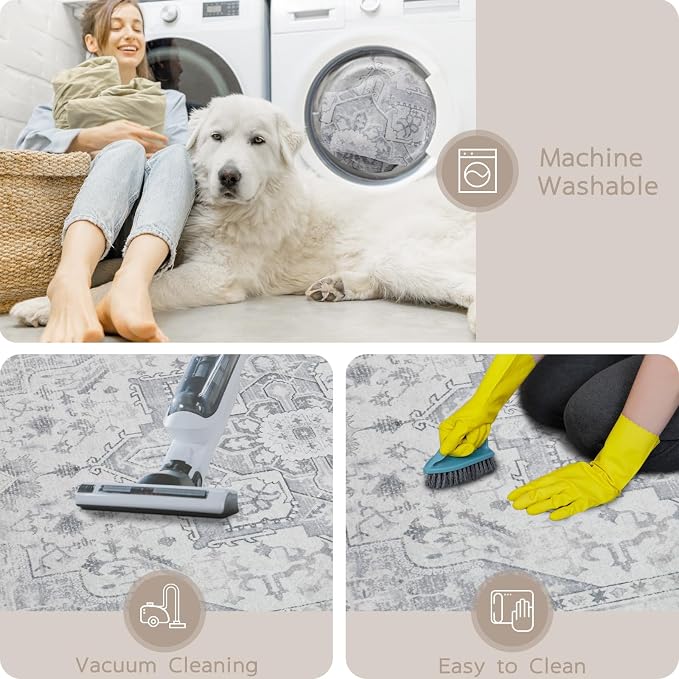 Srugn Kitchen Rug - Non Slip Hallway Runner - 2x8 Soft Faux Wool Washable Grey Vintage Throw Rug for Entryway and Bedroom