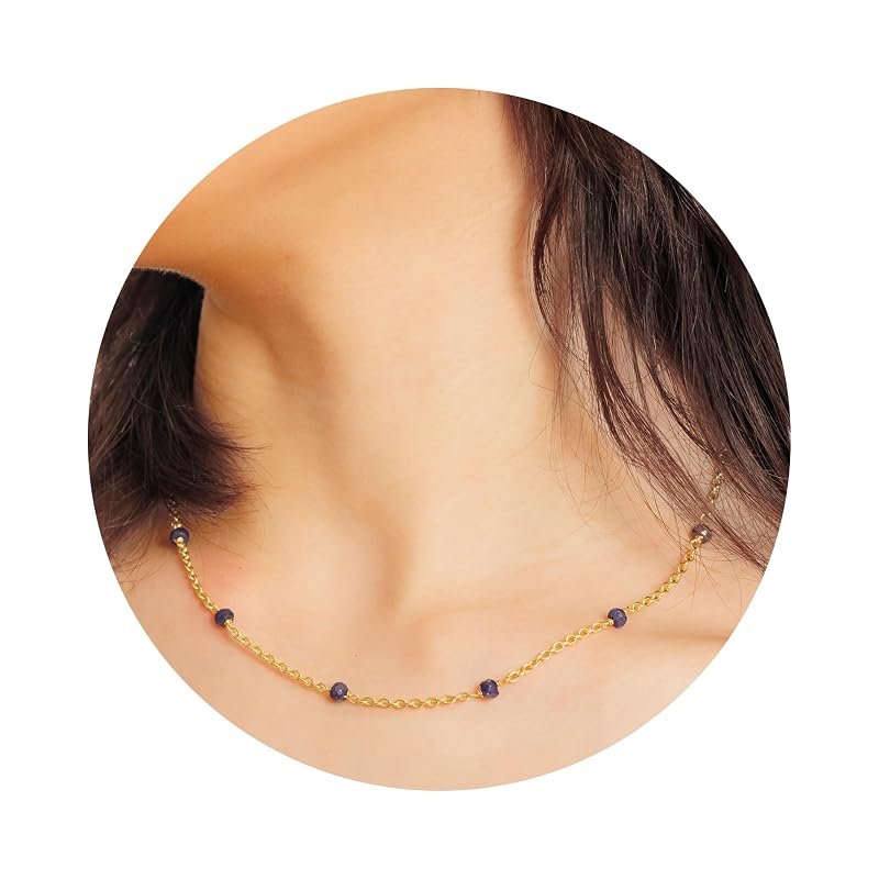 Blue Sapphire Necklace for Women, Premium Beaded Gold Necklaces - Tarnish Free 18K Gold Vermeil Certified S925 Classic Statement Necklace Gold Jewelry for Women - Mothers Day Gifts for Mom Wife