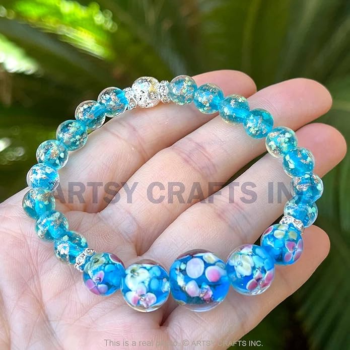 ARTSY Crafts Lily Garden Glow in the Dark Firefly Bead Bracelets Necklaces, Handmade in USA Murano Glass Jewelry, Flower Luminous Beads Mermaid Crystal Bracelet Bangle