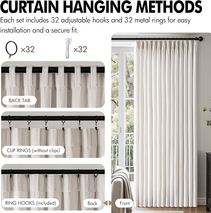 MIULEE Pinch Pleated Thick Linen Curtains 96 Inch 4 Panels Set Back Tab Memory Trained Pinch Pleat Semi Sheer Light Filtering Curtains Let Light in Window Drapes for Living Room Bedroom Beige White